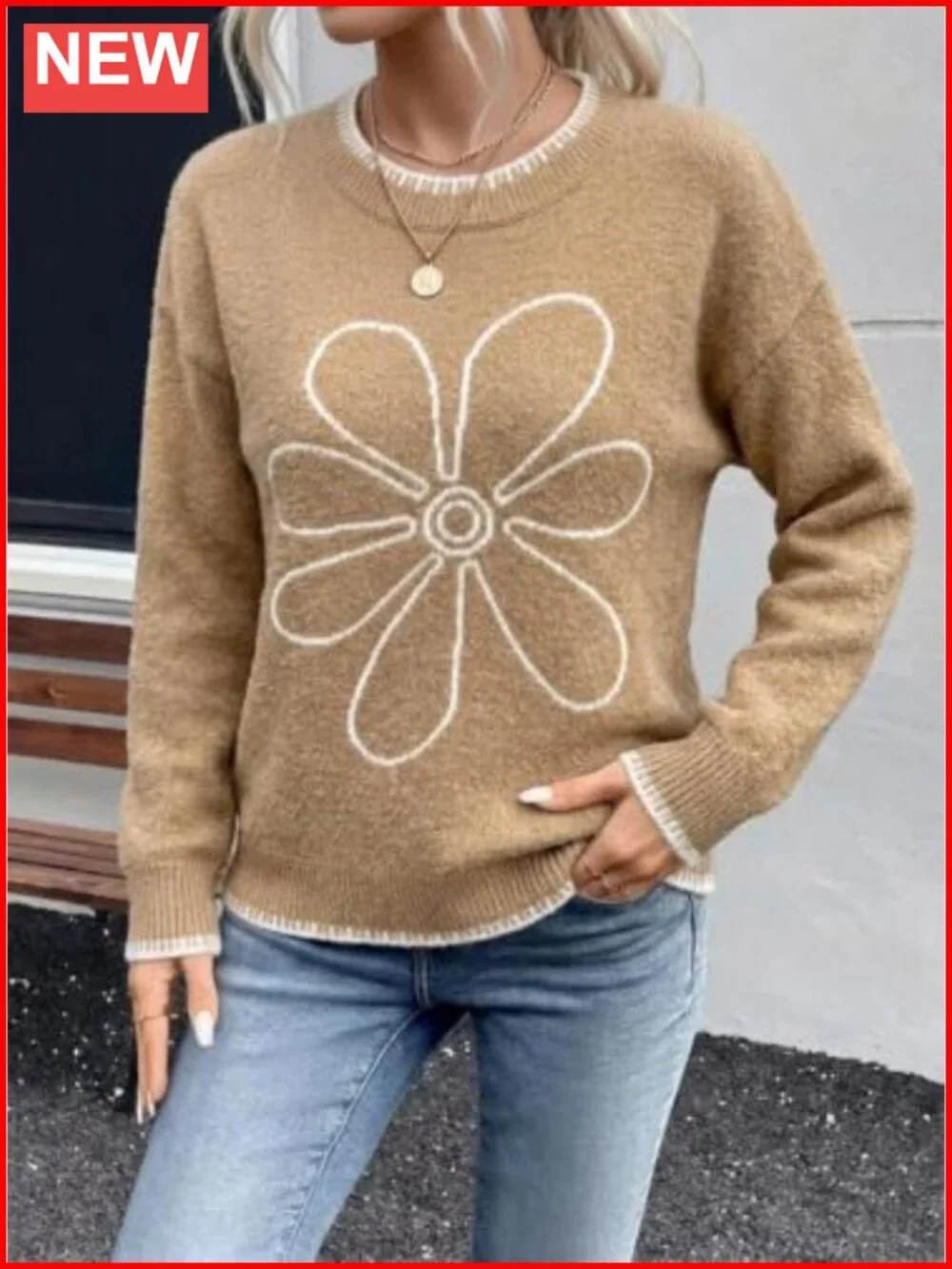 Hilogo Floral Crew Neck Oversized Pullover Sweater Long Sleeve Knit